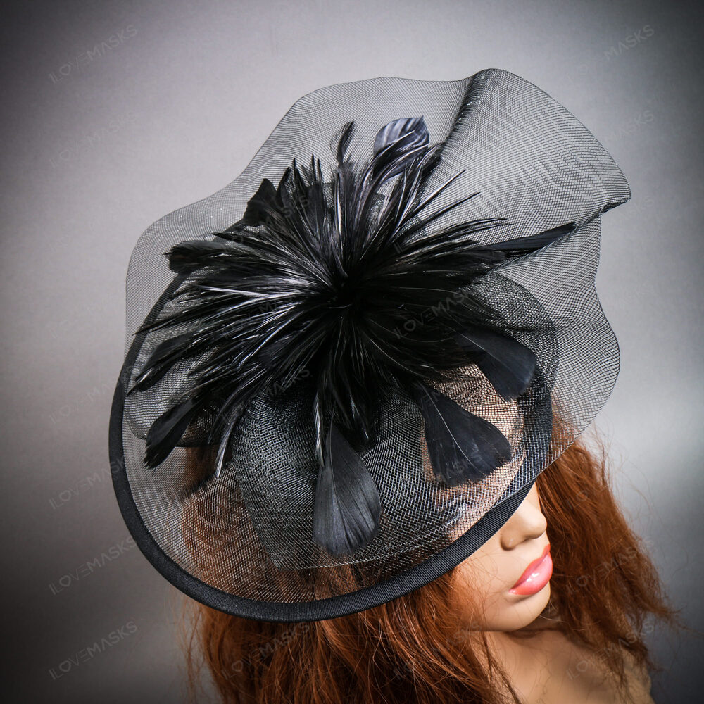 Flower Mesh Kentucky Derby Hat Fascinator Feather Headband - Black - Picture 3 of 5